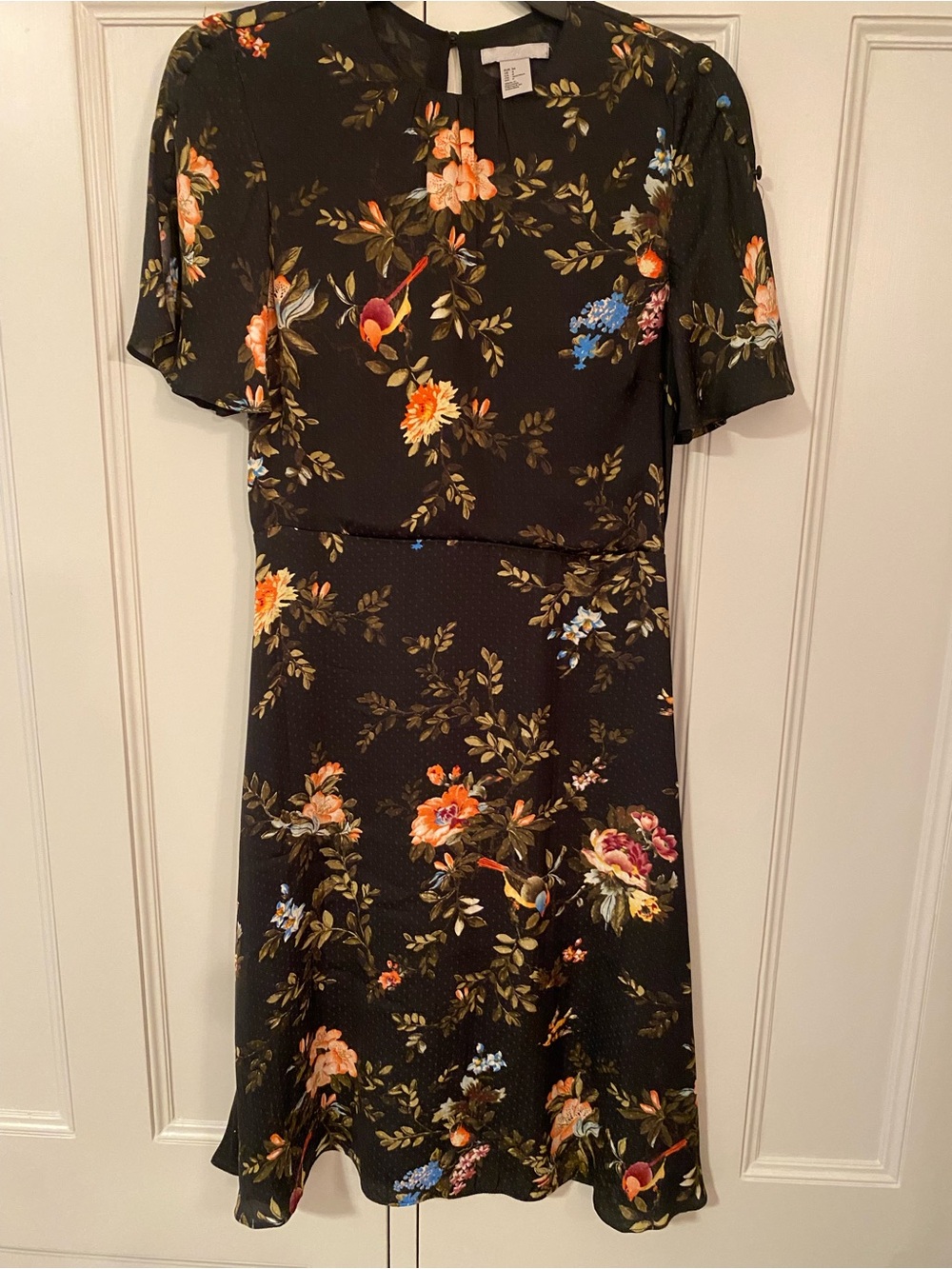 H&M Black Midi Dress with corals & Blue Floral Print- very flattering cut